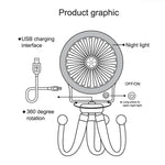 Mini-Oktopus Nachtlicht Ventilator Kinder Süßer Kinderwagen Tragbarer USB-Ladeventilator Zufällige Stilfarbe Lieferung