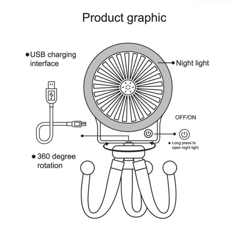 Mini-Oktopus Nachtlicht Ventilator Kinder Süßer Kinderwagen Tragbarer USB-Ladeventilator Zufällige Stilfarbe Lieferung