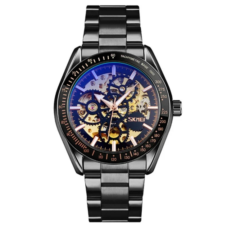 SKMEI 9194 Herren Automatische Skelett Mechanische Stahlbanduhr, Schwarz, Silber, Gold-Schwarz Zifferblatt, Roségold, Gold-Gold Zifferblatt