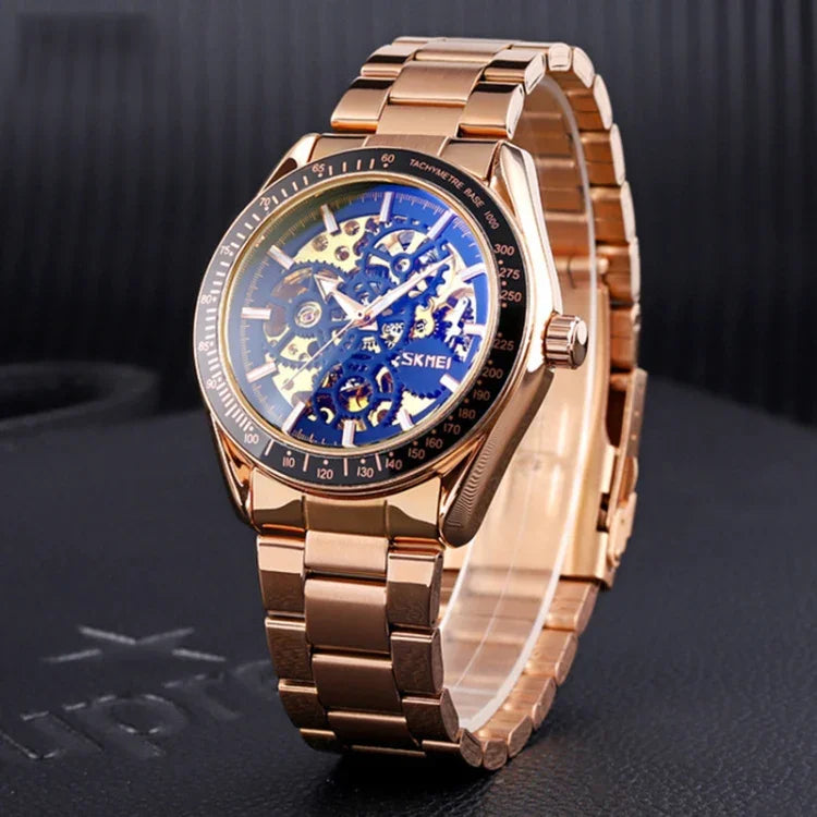 SKMEI 9194 Herren Automatische Skelett Mechanische Stahlbanduhr, Schwarz, Silber, Gold-Schwarz Zifferblatt, Roségold, Gold-Gold Zifferblatt