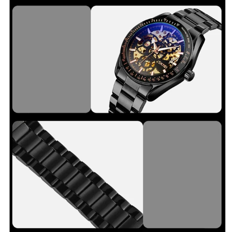 SKMEI 9194 Herren Automatische Skelett Mechanische Stahlbanduhr, Schwarz, Silber, Gold-Schwarz Zifferblatt, Roségold, Gold-Gold Zifferblatt