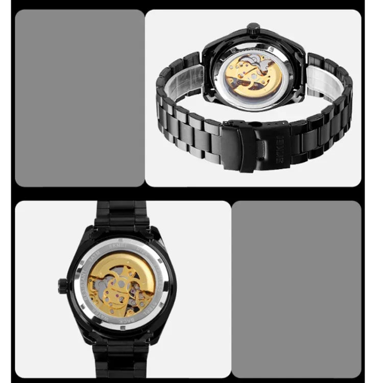 SKMEI 9194 Herren Automatische Skelett Mechanische Stahlbanduhr, Schwarz, Silber, Gold-Schwarz Zifferblatt, Roségold, Gold-Gold Zifferblatt