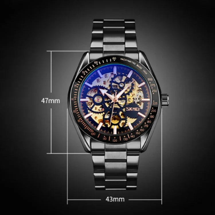 SKMEI 9194 Herren Automatische Skelett Mechanische Stahlbanduhr, Schwarz, Silber, Gold-Schwarz Zifferblatt, Roségold, Gold-Gold Zifferblatt