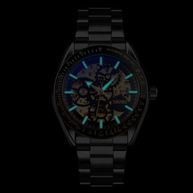 SKMEI 9194 Herren Automatische Skelett Mechanische Stahlbanduhr, Schwarz, Silber, Gold-Schwarz Zifferblatt, Roségold, Gold-Gold Zifferblatt