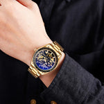 SKMEI 9194 Herren Automatische Skelett Mechanische Stahlbanduhr, Schwarz, Silber, Gold-Schwarz Zifferblatt, Roségold, Gold-Gold Zifferblatt