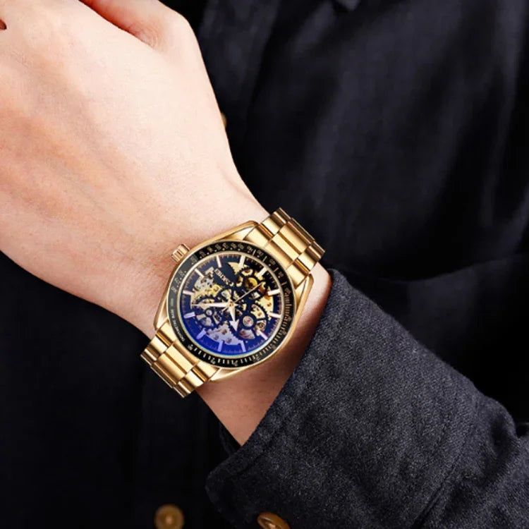 SKMEI 9194 Herren Automatische Skelett Mechanische Stahlbanduhr, Schwarz, Silber, Gold-Schwarz Zifferblatt, Roségold, Gold-Gold Zifferblatt