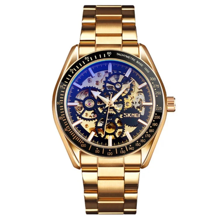 SKMEI 9194 Herren Automatische Skelett Mechanische Stahlbanduhr, Schwarz, Silber, Gold-Schwarz Zifferblatt, Roségold, Gold-Gold Zifferblatt