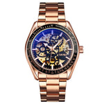 SKMEI 9194 Herren Automatische Skelett Mechanische Stahlbanduhr, Schwarz, Silber, Gold-Schwarz Zifferblatt, Roségold, Gold-Gold Zifferblatt