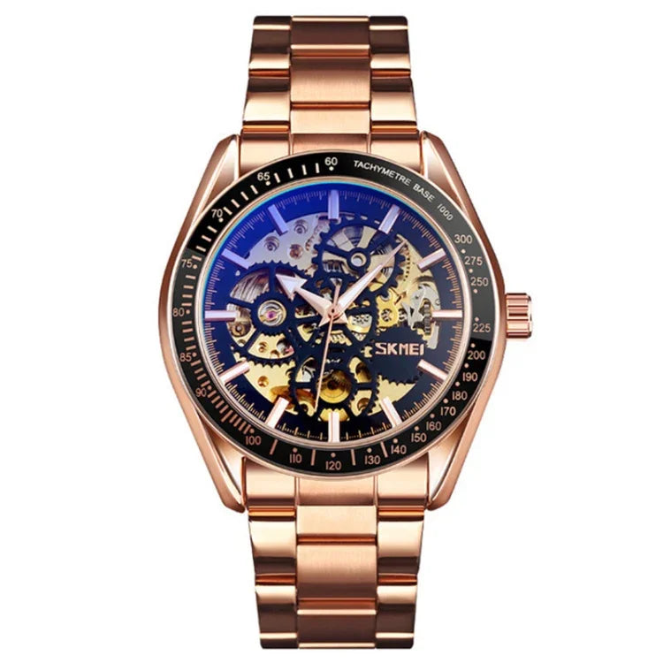 SKMEI 9194 Herren Automatische Skelett Mechanische Stahlbanduhr, Schwarz, Silber, Gold-Schwarz Zifferblatt, Roségold, Gold-Gold Zifferblatt