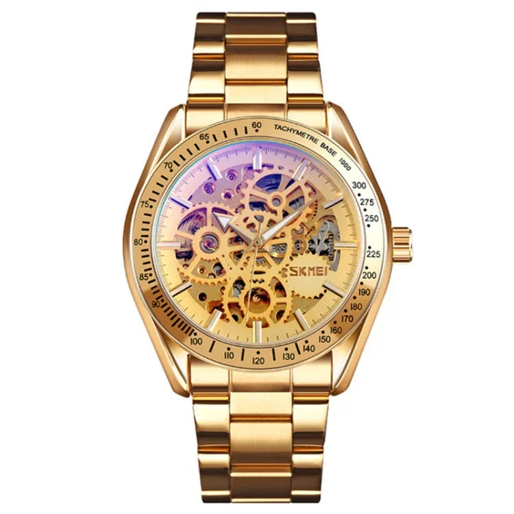 SKMEI 9194 Herren Automatische Skelett Mechanische Stahlbanduhr, Schwarz, Silber, Gold-Schwarz Zifferblatt, Roségold, Gold-Gold Zifferblatt