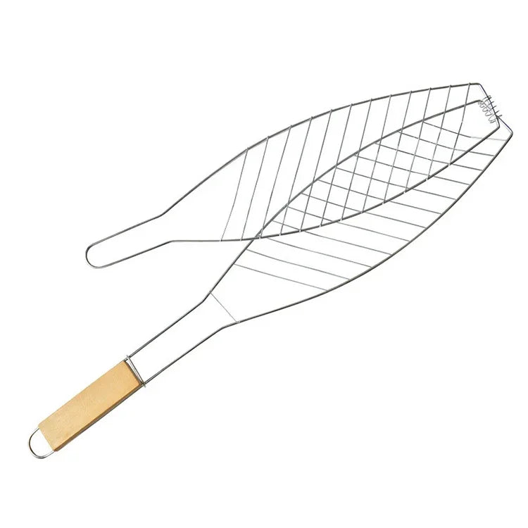Verchromter Holzgriff Einzelner Fischgrillnetzclip Outdoor Gegrillter Fischclip Grillwerkzeug