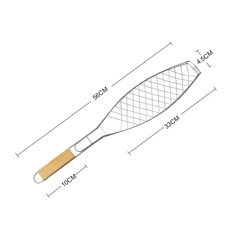 Verchromter Holzgriff Einzelner Fischgrillnetzclip Outdoor Gegrillter Fischclip Grillwerkzeug