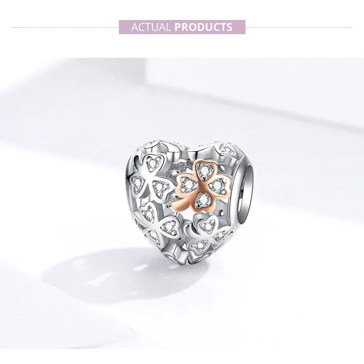 925 Sterling Silber Herzförmiges, perlenbesetztes, hohles vierblättriges Kleeblatt DIY-Armbandzubehör, SCC1248