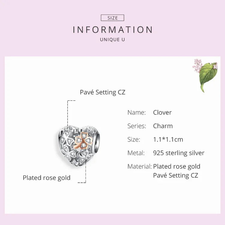 925 Sterling Silber Herzförmiges, perlenbesetztes, hohles vierblättriges Kleeblatt DIY-Armbandzubehör, SCC1248