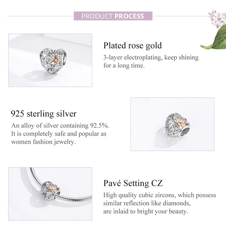 925 Sterling Silber Herzförmiges, perlenbesetztes, hohles vierblättriges Kleeblatt DIY-Armbandzubehör, SCC1248