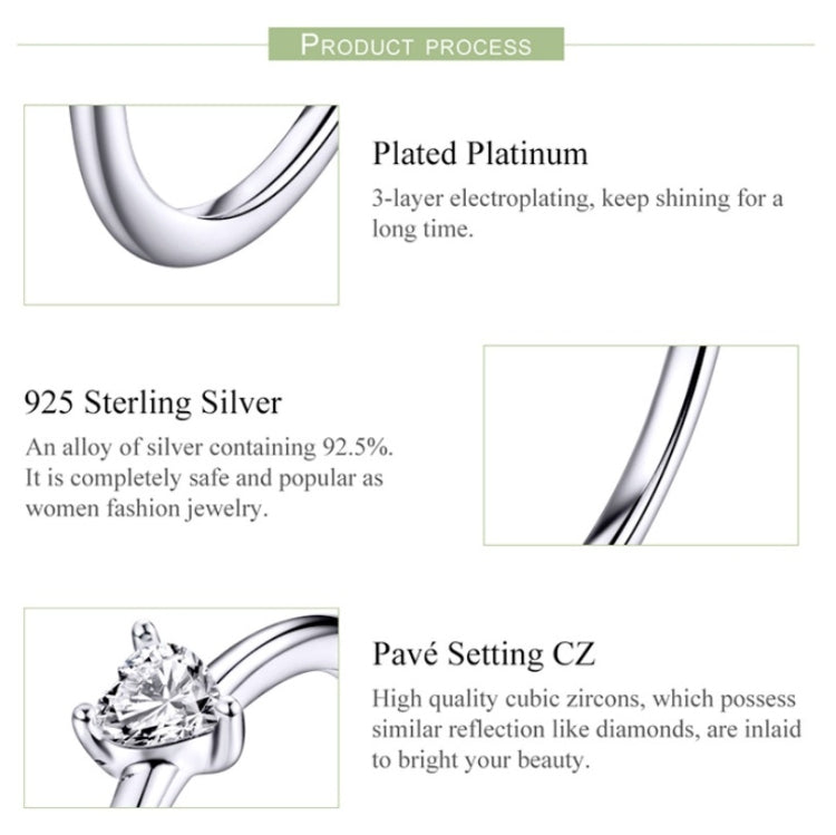 S925 Sterling Silber Ring Platinbeschichtet Herz Klar Ring, 6 US Größe, 7 US Größe, 8 US Größe