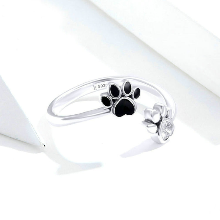 S925 Sterlingsilber süßer Haustier-Pfotenabdruck offener Ring schwarzer Tropfenring, SCR605
