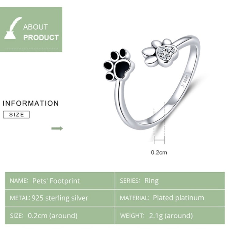 S925 Sterlingsilber süßer Haustier-Pfotenabdruck offener Ring schwarzer Tropfenring, SCR605