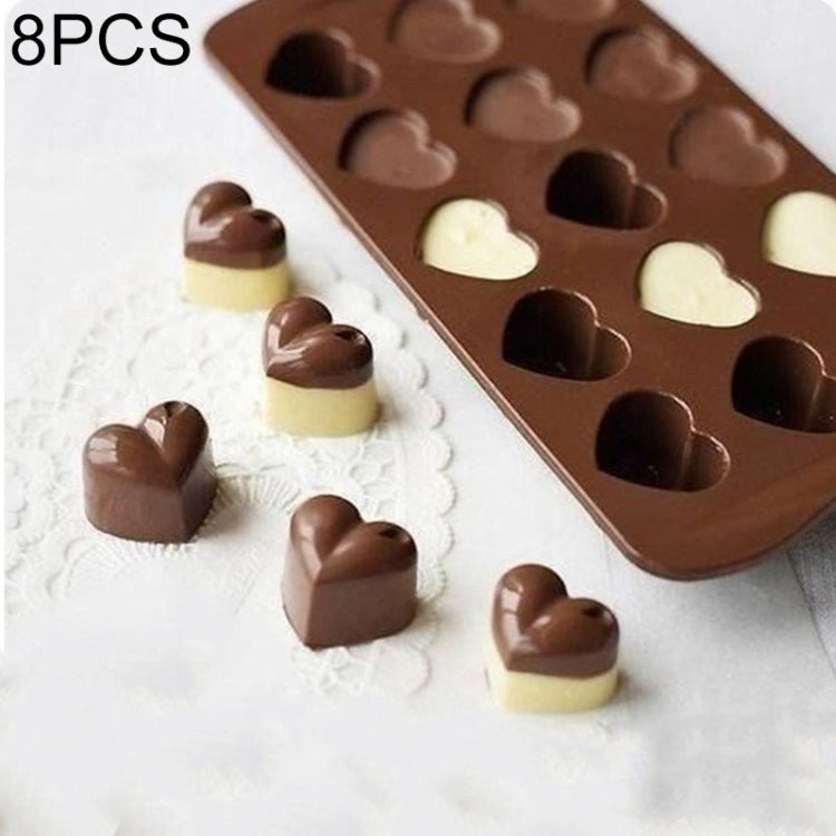 8 Stück Silikon-Form in Herzform mit 15 Fächern für Kuchen, Schokolade, Eiswürfel, Herzform (Braun)