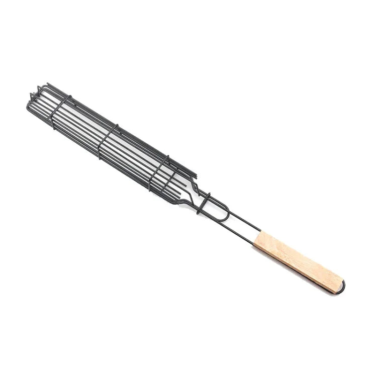 2 STÜCK Hot Dog Grillkäfig Wurst Grillzange Grillclip Netz Holzgriff Grillnetz, Holzfarbe, Rot