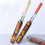 2 STÜCK Hot Dog Grillkäfig Wurst Grillzange Grillclip Netz Holzgriff Grillnetz, Holzfarbe, Rot