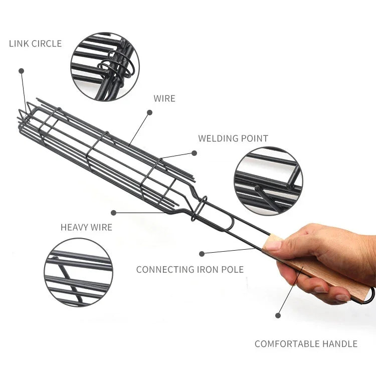 2 STÜCK Hot Dog Grillkäfig Wurst Grillzange Grillclip Netz Holzgriff Grillnetz, Holzfarbe, Rot