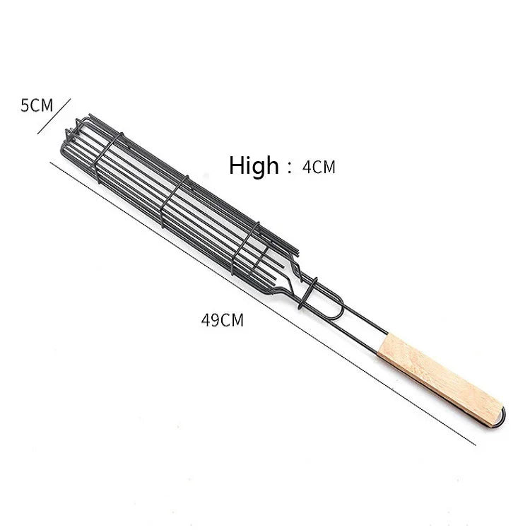 2 STÜCK Hot Dog Grillkäfig Wurst Grillzange Grillclip Netz Holzgriff Grillnetz, Holzfarbe, Rot