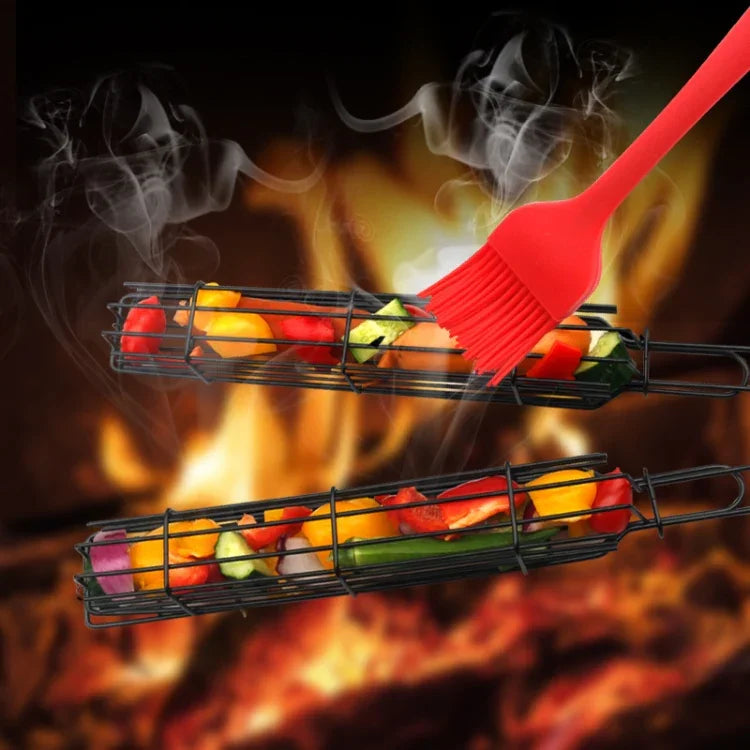 2 STÜCK Hot Dog Grillkäfig Wurst Grillzange Grillclip Netz Holzgriff Grillnetz, Holzfarbe, Rot