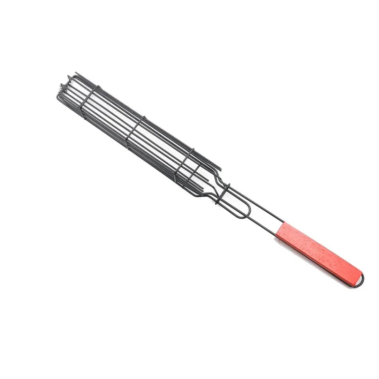 2 STÜCK Hot Dog Grillkäfig Wurst Grillzange Grillclip Netz Holzgriff Grillnetz, Holzfarbe, Rot