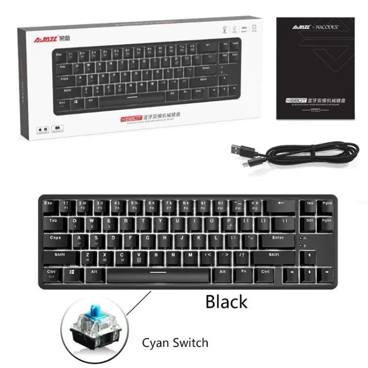 Ajazz K680T Mini-USB-Tastatur mit Kabel, Dual-Mode-Ladefunktion, 68 Tasten, Bluetooth, mechanisch, Kabellänge: 1,6 m, Schaft in Grün, Schwarz und Beige