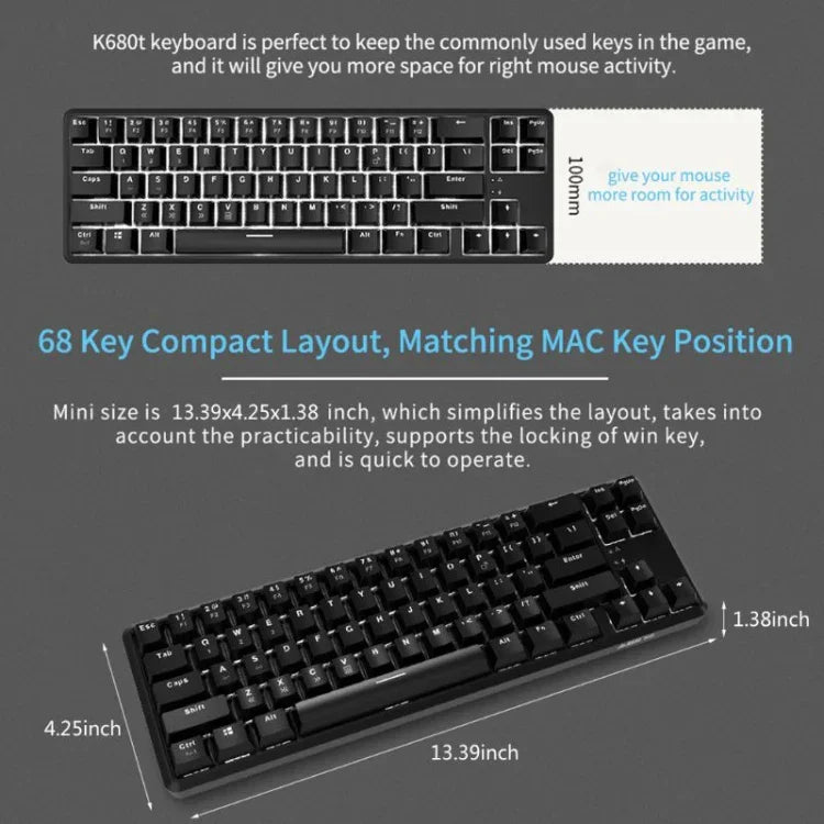 Ajazz K680T Mini-USB-Tastatur mit Kabel, Dual-Mode-Ladefunktion, 68 Tasten, Bluetooth, mechanisch, Kabellänge: 1,6 m, Schaft in Grün, Schwarz und Beige