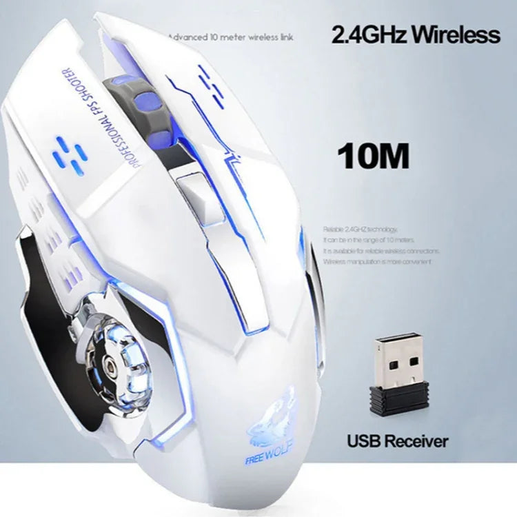 FREEDOM-WOLF X8 2400 DPI 6 Tasten 2,4G Kabelloses Laden Leise Leuchtende Gaming-Maus, X8 Schwarz, X8 Metallgrau, X8 Sternenschwarz