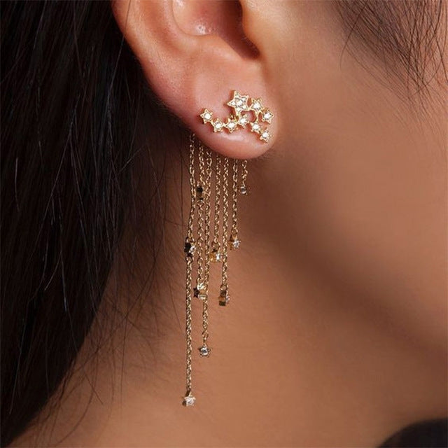 Damen Mode Stern Stromlinienförmige Quasten Lange Kristall Ohrringe, Gold, Silber