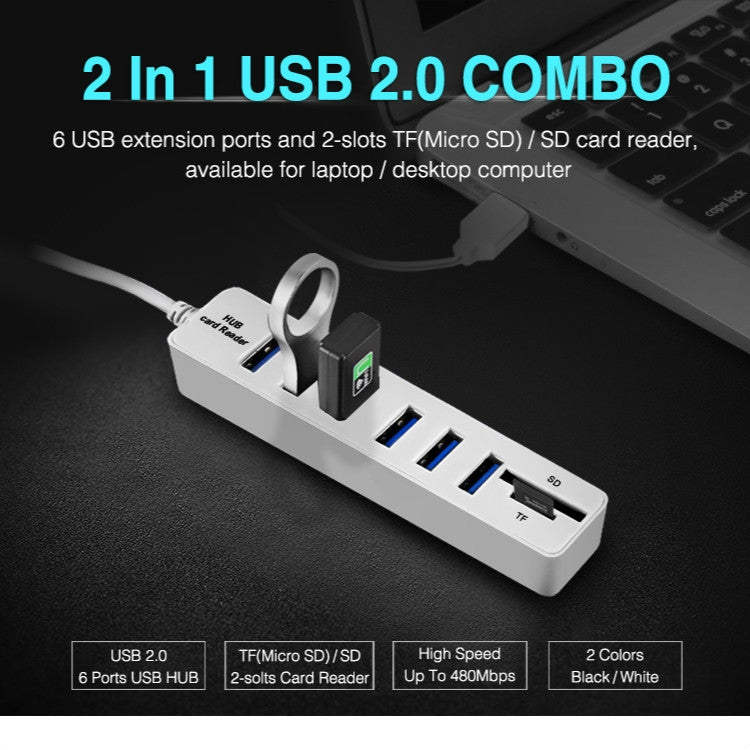 Multi USB 2.0 Hub USB Verteiler Hochgeschwindigkeit 6 Ports mit TF SD Kartenleser
