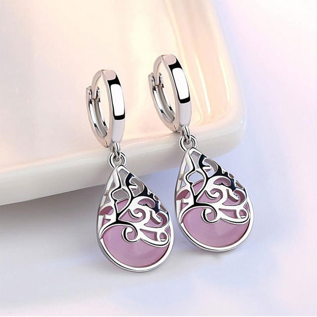 925 Sterlingsilber Mondlicht Opal Tränen Totem Tropfen Ohrringe, Weiß, Rosa