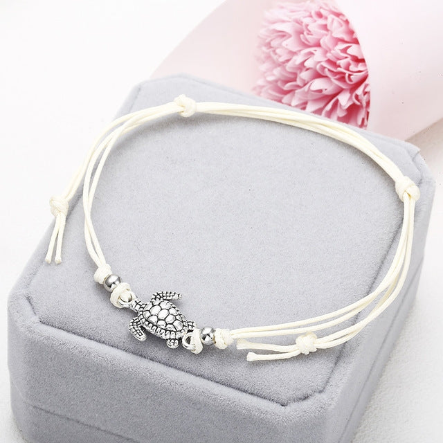 Boho Fußkettchen Wachsschnur Meeresschildkröten Schnürung Fußschmuck Perlen Armband für Damen, Weiß, Schwarz, Blau