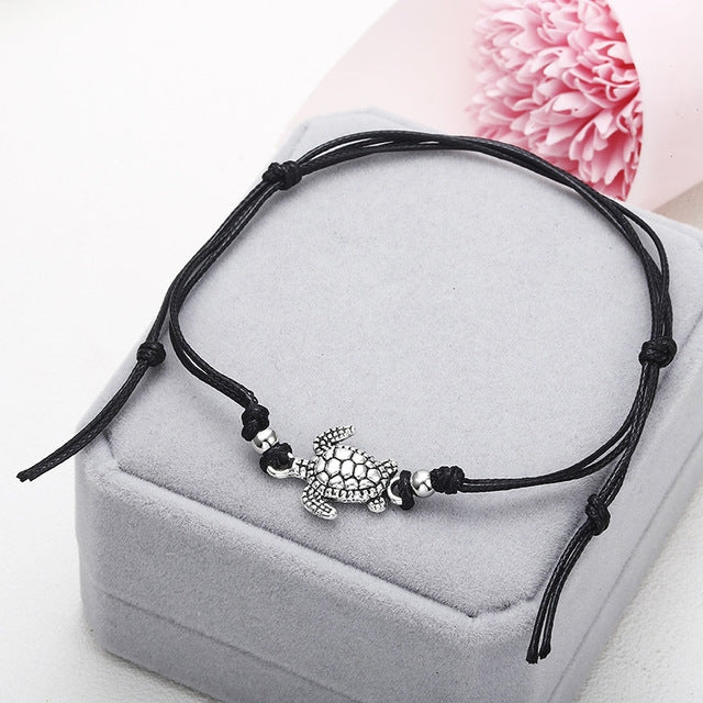 Boho Fußkettchen Wachsschnur Meeresschildkröten Schnürung Fußschmuck Perlen Armband für Damen, Weiß, Schwarz, Blau