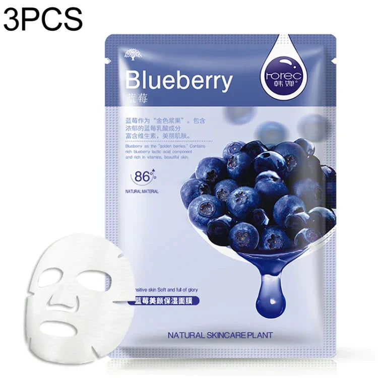 3er-Pack Hautpflege-Gesichtsmasken mit Pflanzenextrakten: Feuchtigkeitsspendend, ölregulierend, Mitesserentferner, Gesichtsmaske, Blaubeere, Aloe Vera, Olive, Honig, Granatapfel, Gurke