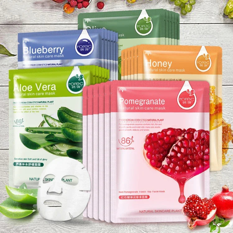 3er-Pack Hautpflege-Gesichtsmasken mit Pflanzenextrakten: Feuchtigkeitsspendend, ölregulierend, Mitesserentferner, Gesichtsmaske, Blaubeere, Aloe Vera, Olive, Honig, Granatapfel, Gurke