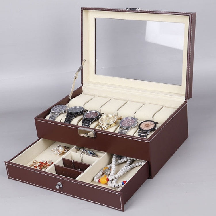 PU-Leder 12-Fach Uhrenbox Doppelstöckige Schmuckbox Aufbewahrungs- und Präsentationsbox, PU-Leder Braun