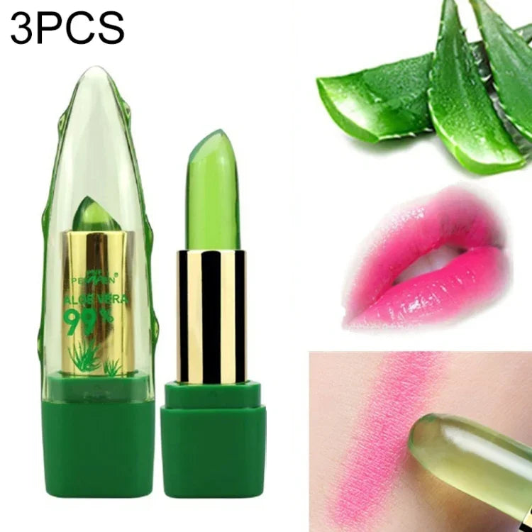 3 Stück PNF Aloe Vera Natürlicher Feuchtigkeitsspender Lippenstift Farbwechsel Lippenbalsam Magischer Rosa Lippenstift
