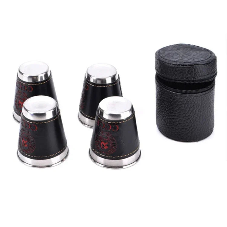4-in-1 70ml Outdoor Camping Geschirr Reisebecher-Set Picknickzubehör Edelstahl Wein Bierbecher Whiskybecher PU-Leder