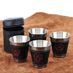 4-in-1 70ml Outdoor Camping Geschirr Reisebecher-Set Picknickzubehör Edelstahl Wein Bierbecher Whiskybecher PU-Leder