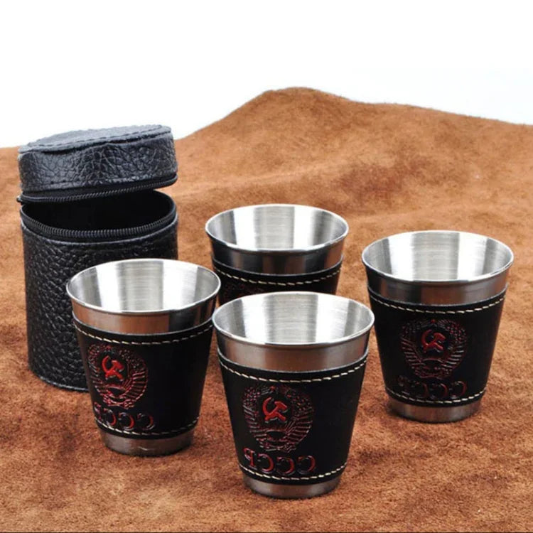 4-in-1 70ml Outdoor Camping Geschirr Reisebecher-Set Picknickzubehör Edelstahl Wein Bierbecher Whiskybecher PU-Leder