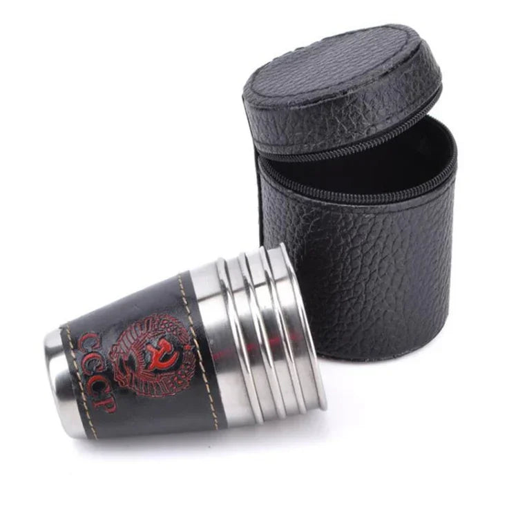 4-in-1 70ml Outdoor Camping Geschirr Reisebecher-Set Picknickzubehör Edelstahl Wein Bierbecher Whiskybecher PU-Leder