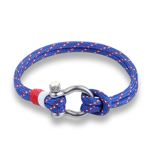 Survival-Armband im Navy-Stil aus Paracord mit Edelstahlschäkel, Blau, Schwarz, Rot, für Sport und Camping