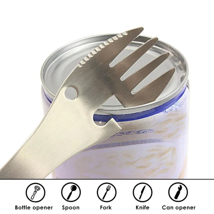 2 STÜCK 5-in-1 Multifunktions-Outdoor-Werkzeuge Edelstahl Camping Survival EDC Kit Praktische Gabel Messer Löffel Flaschen-/Dosenöffner