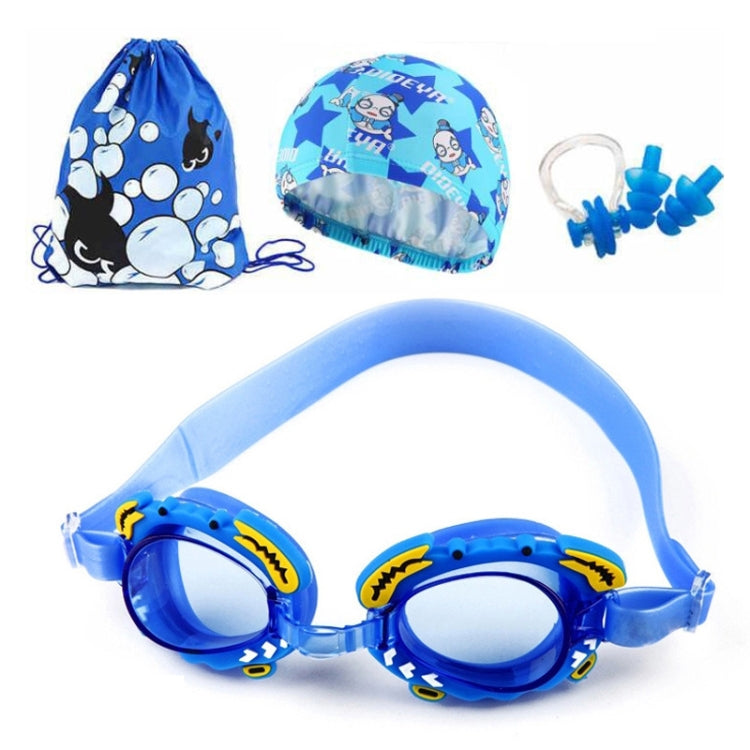 4-in-1 Cartoon kleiner Krabben wasserdichte und beschlagfreie Silikon-Schwimmbrille + bedruckte Schwimmkappe + Nasenclip Ohrstöpsel + Aufbewahrungstasche Schwimmausrüstungsset für Kinder, 4-in-1 Schwimmset (Blaue Krabbe), 4-in-1 Schwimmset (Rosa Krabbe)