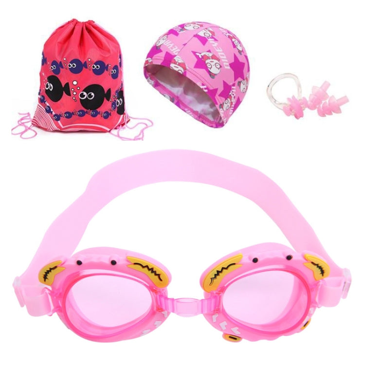 4-in-1 Cartoon kleiner Krabben wasserdichte und beschlagfreie Silikon-Schwimmbrille + bedruckte Schwimmkappe + Nasenclip Ohrstöpsel + Aufbewahrungstasche Schwimmausrüstungsset für Kinder, 4-in-1 Schwimmset (Blaue Krabbe), 4-in-1 Schwimmset (Rosa Krabbe)