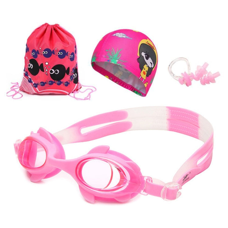 4-in-1 Cartoon kleiner Krabben wasserdichte und beschlagfreie Silikon-Schwimmbrille + bedruckte Schwimmkappe + Nasenclip Ohrstöpsel + Aufbewahrungstasche Schwimmausrüstungsset für Kinder, 4-in-1 Schwimmset (Blaue Krabbe), 4-in-1 Schwimmset (Rosa Krabbe)